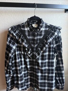 Kate Spade Live Colorfully Black Plaid Long Sleeve Button Up Shirt
